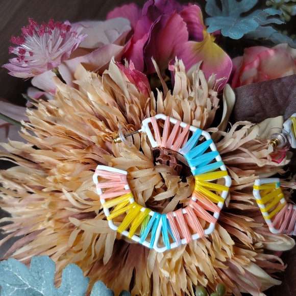 NWT Pastel Octogonal Raffia Open Hoop Earrings Purple Blue Green Orange Yellow - Picture 8 of 11